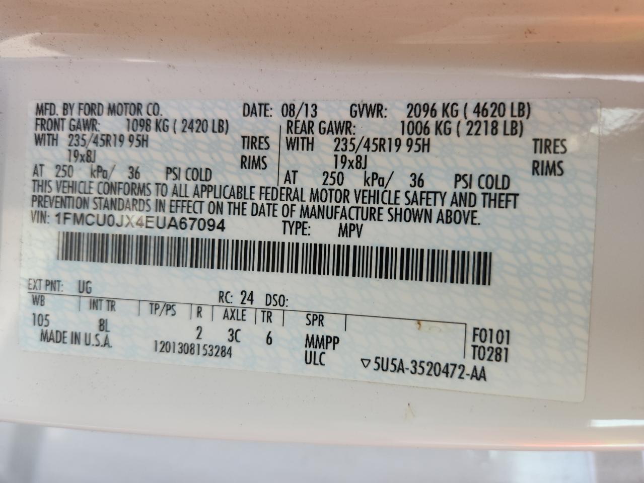 2014 Ford Escape Titanium VIN: 1FMCU0JX4EUA67094 Lot: 85647335