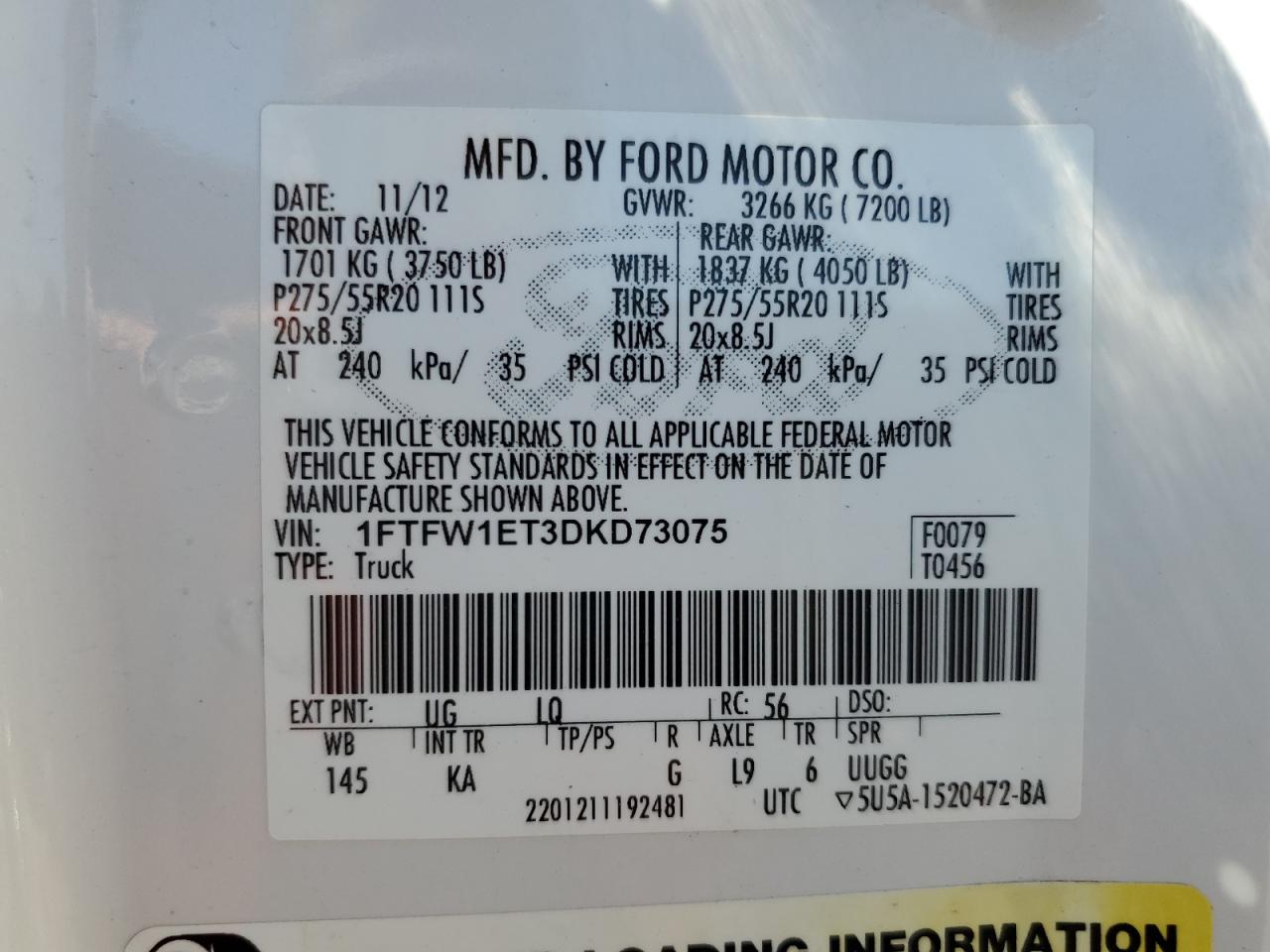 2013 Ford F150 Supercrew VIN: 1FTFW1ET3DKD73075 Lot: 84523545