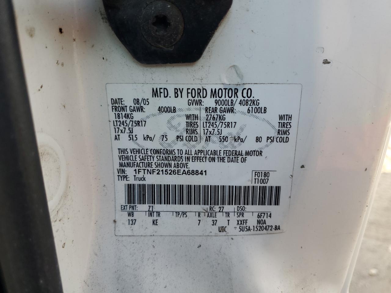 2006 Ford F250 Super Duty VIN: 1FTNF21526EA68841 Lot: 84808775