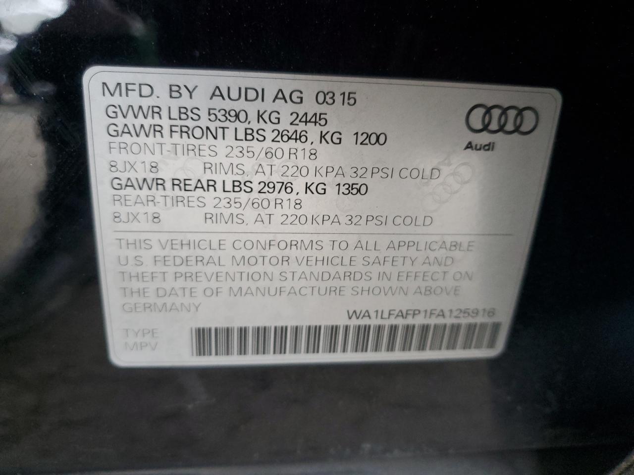 2015 Audi Q5 Premium Plus VIN: WA1LFAFP1FA125916 Lot: 87485945