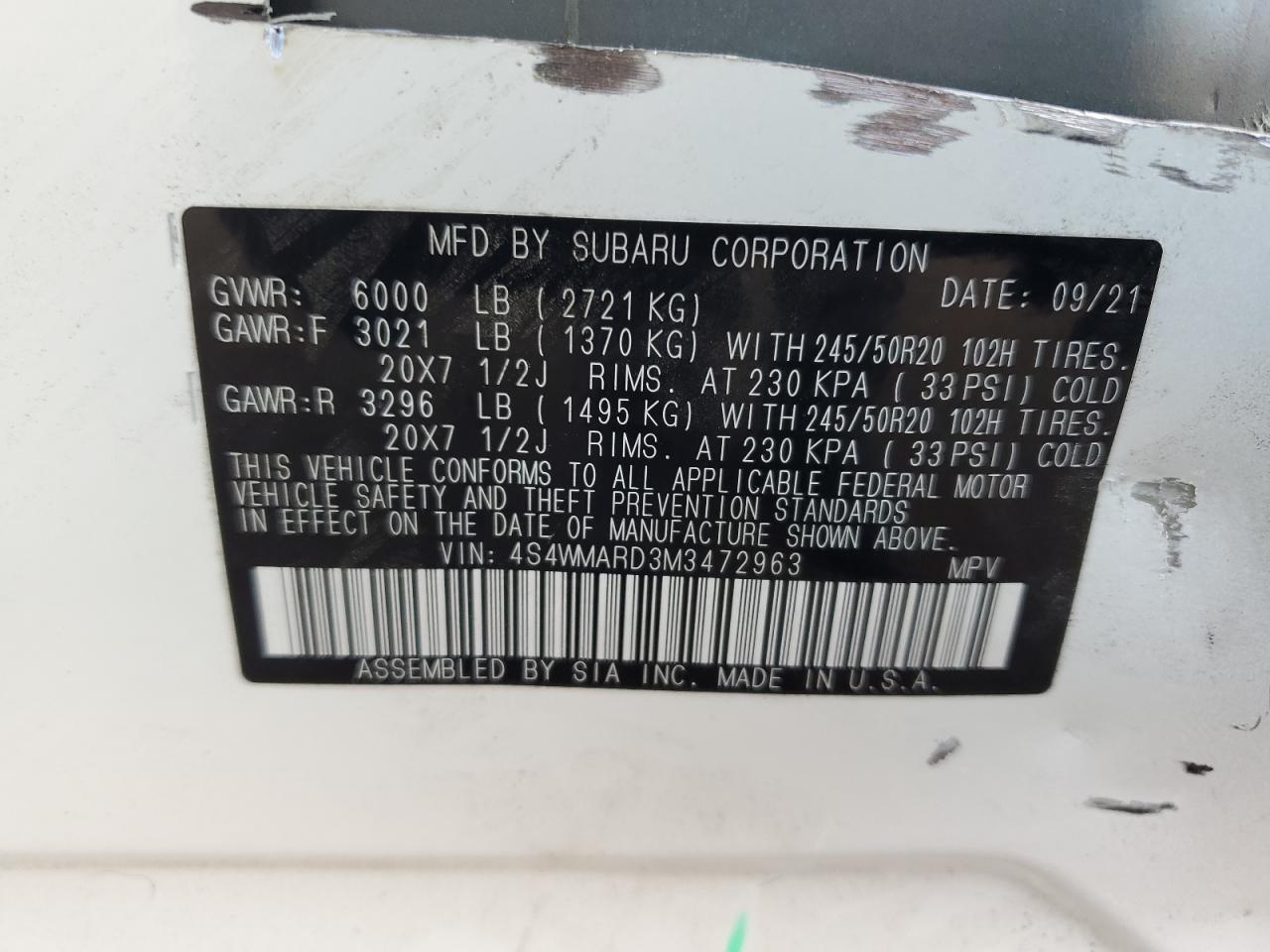 2021 Subaru Ascent Touring VIN: 4S4WMARD3M3472963 Lot: 86150435