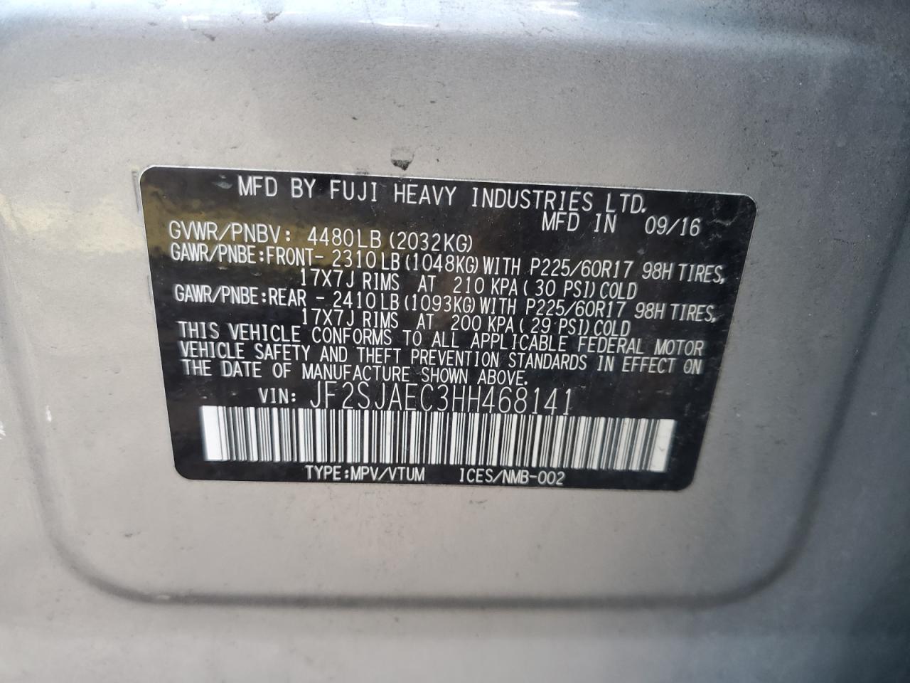 2017 Subaru Forester 2.5I Premium VIN: JF2SJAEC3HH468141 Lot: 86856595