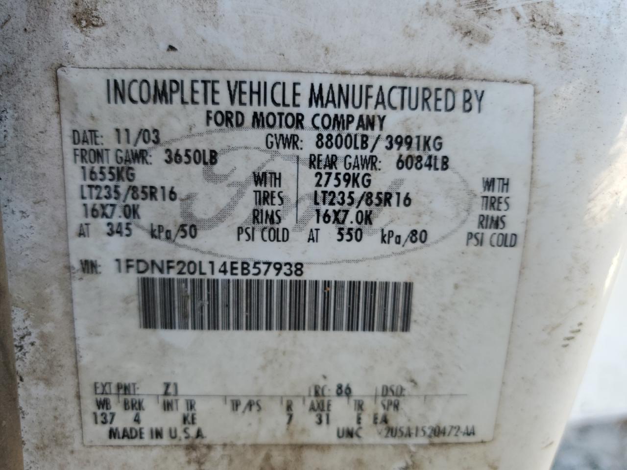 2004 Ford F250 Super Duty VIN: 1FDNF20L14EB57938 Lot: 86238215