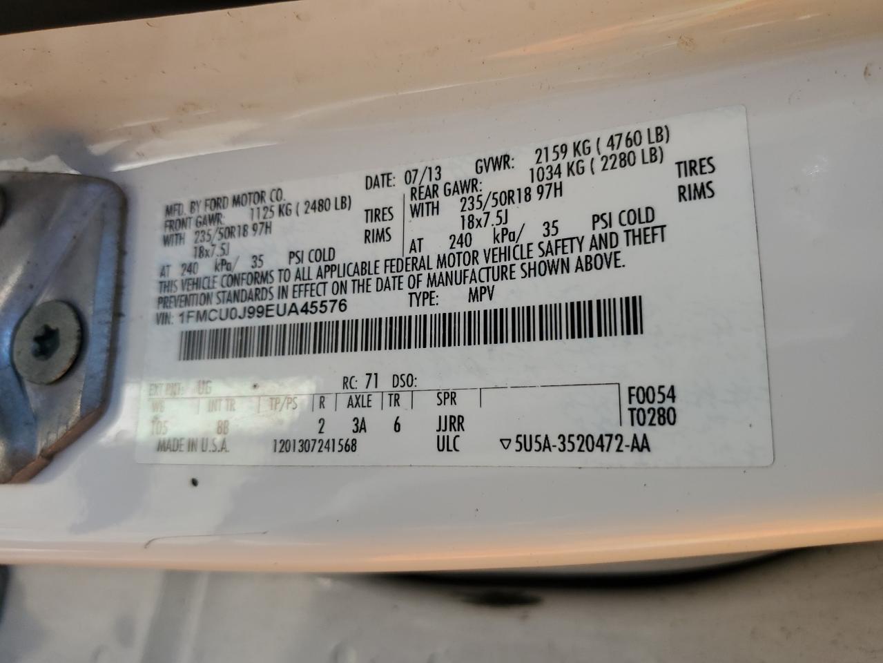 2014 Ford Escape Titanium VIN: 1FMCU0J99EUA45576 Lot: 82265525