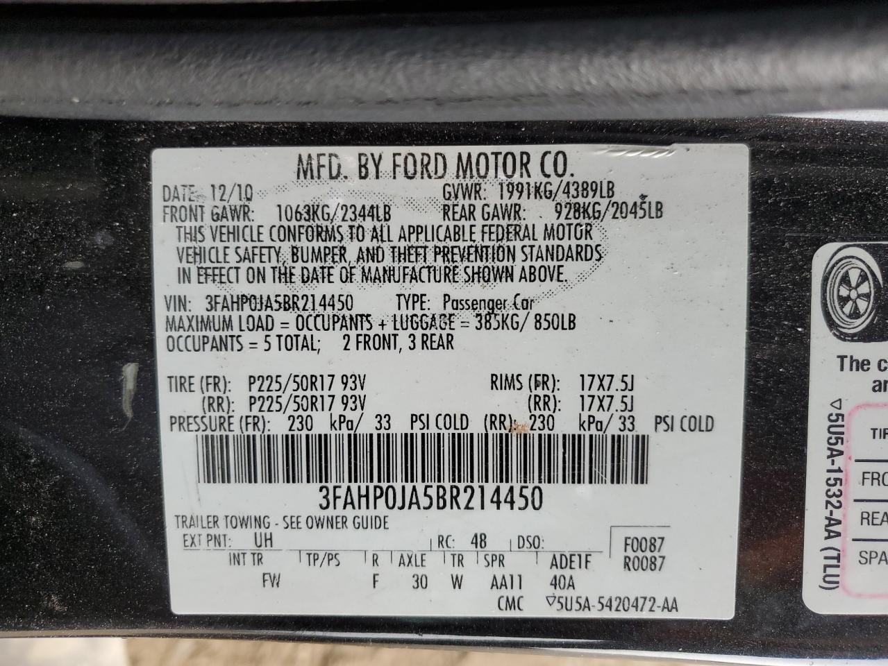 2011 Ford Fusion Sel VIN: 3FAHP0JA5BR214450 Lot: 90800485