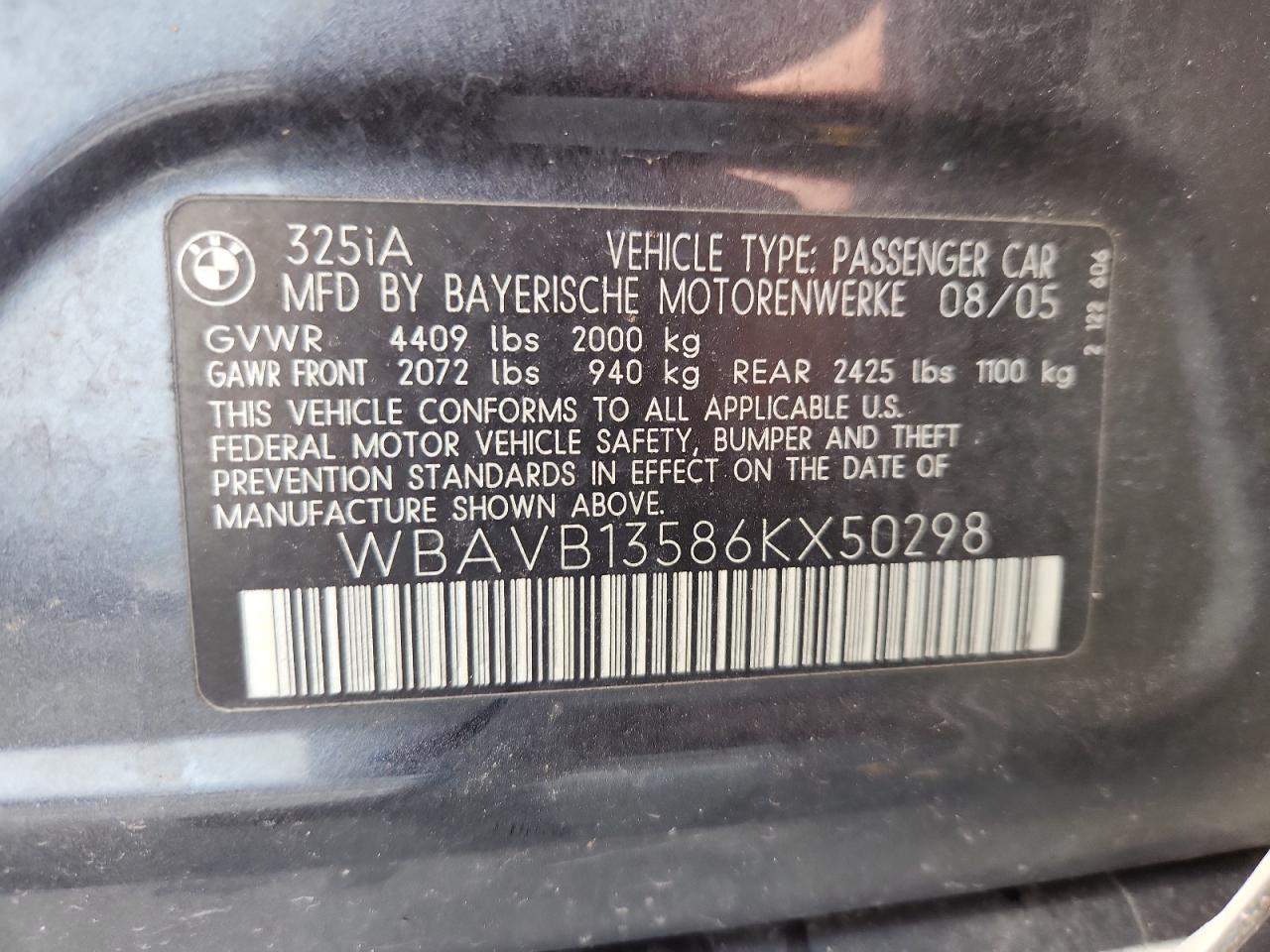 2006 BMW 325 I VIN: WBAVB13586KX50298 Lot: 82281335