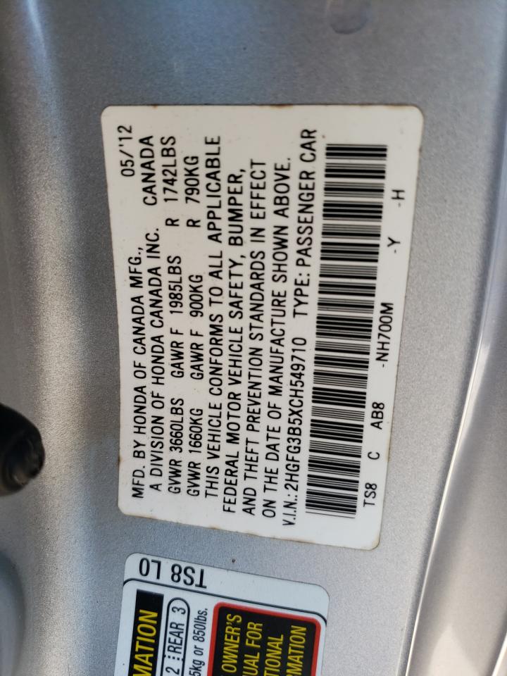 2012 Honda Civic Lx VIN: 2HGFG3B5XCH549710 Lot: 89442985