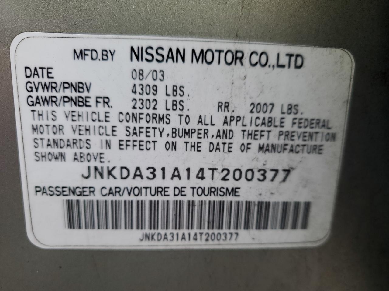 2004 Infiniti I35 VIN: JNKDA31A14T200377 Lot: 87309505