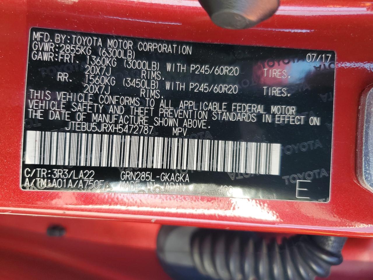 2017 Toyota 4Runner Sr5/Sr5 Premium VIN: JTEBU5JRXH5472787 Lot: 84867465