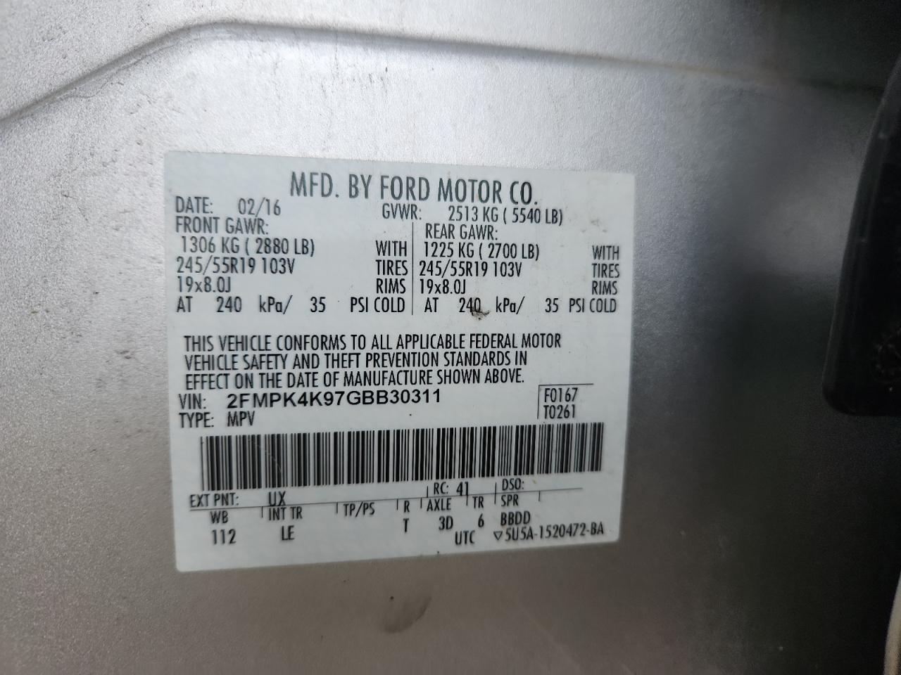 2016 Ford Edge Titanium VIN: 2FMPK4K97GBB30311 Lot: 85869705