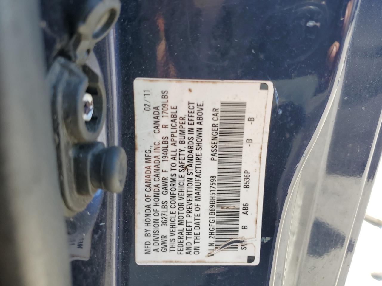 2011 Honda Civic Lx VIN: 2HGFG1B69BH517598 Lot: 84761335