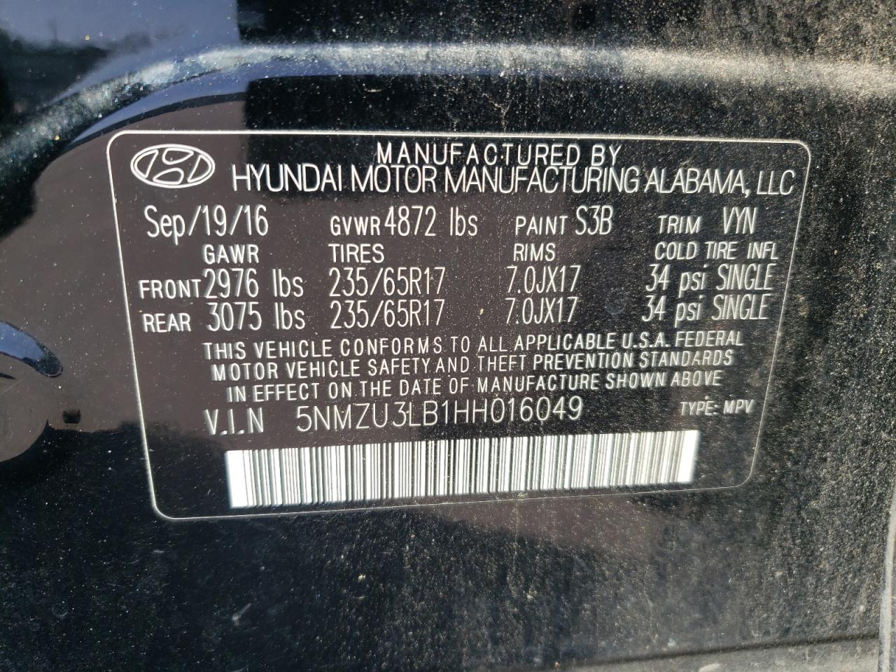 2017 Hyundai Santa Fe Sport VIN: 5NMZU3LB1HH016049 Lot: 85151715