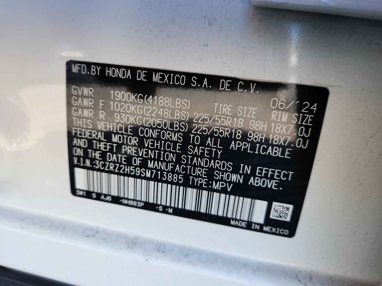 2025 Honda Hr-V Sport VIN: 3CZRZ2H59SM713885 Lot: 84795845