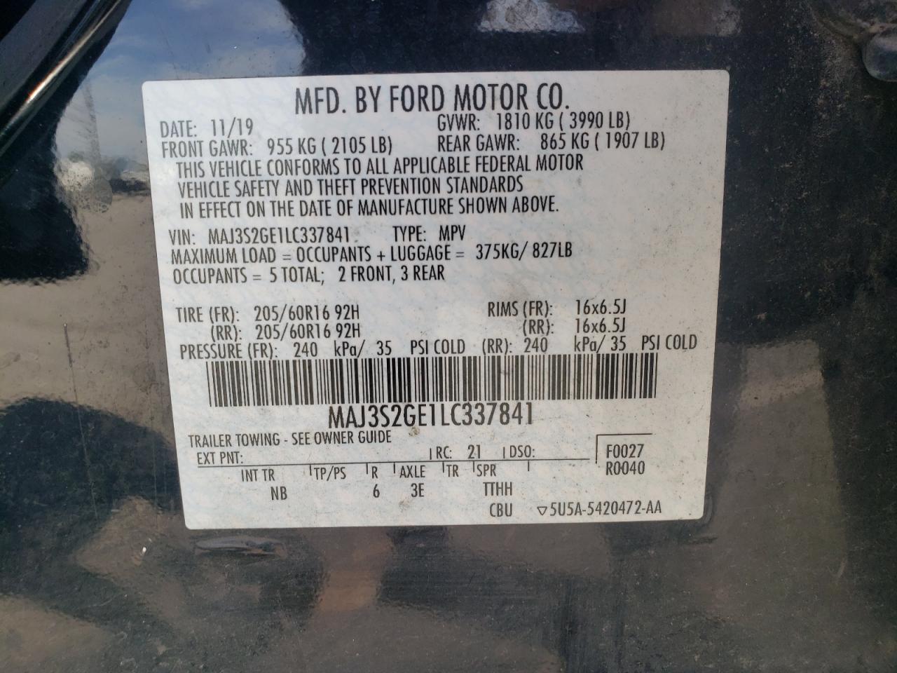 2020 Ford Ecosport Se VIN: MAJ3S2GE1LC337841 Lot: 87290415