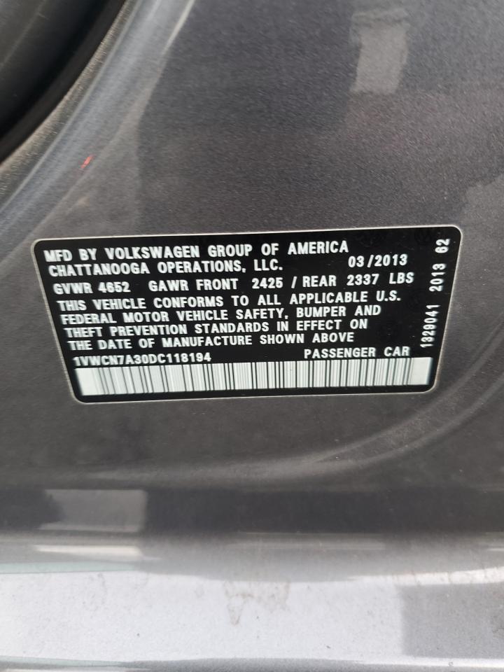 2013 Volkswagen Passat Sel VIN: 1VWCN7A30DC118194 Lot: 85013635