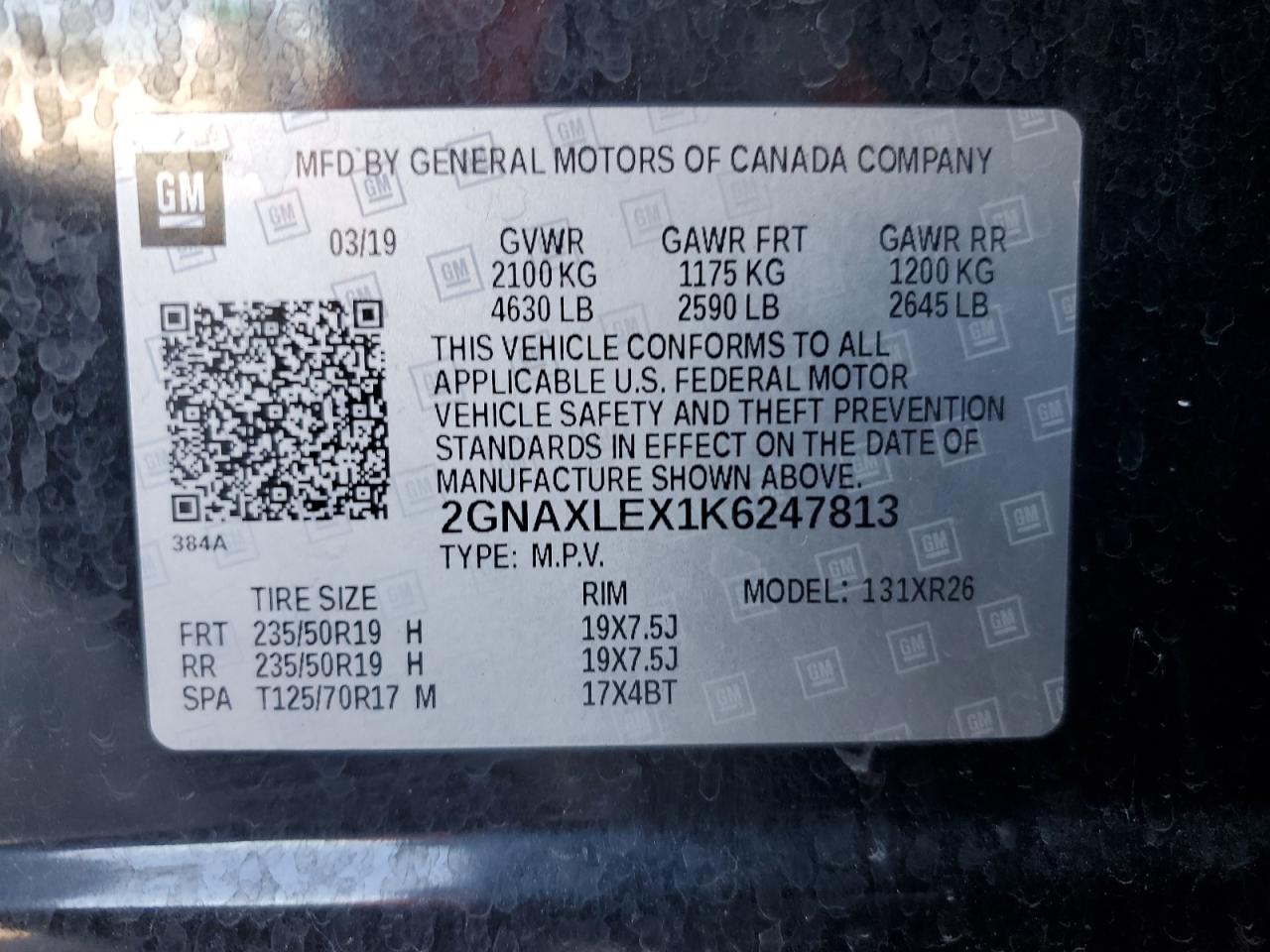 2019 Chevrolet Equinox Lt VIN: 2GNAXLEX1K6247813 Lot: 82356645