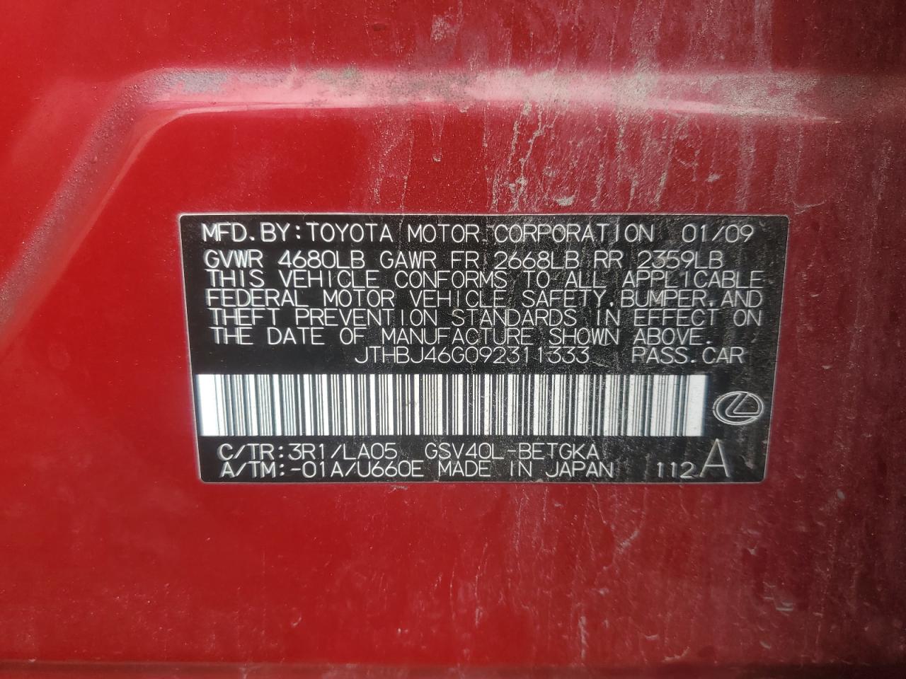 2009 Lexus Es 350 VIN: JTHBJ46G092311333 Lot: 84476305