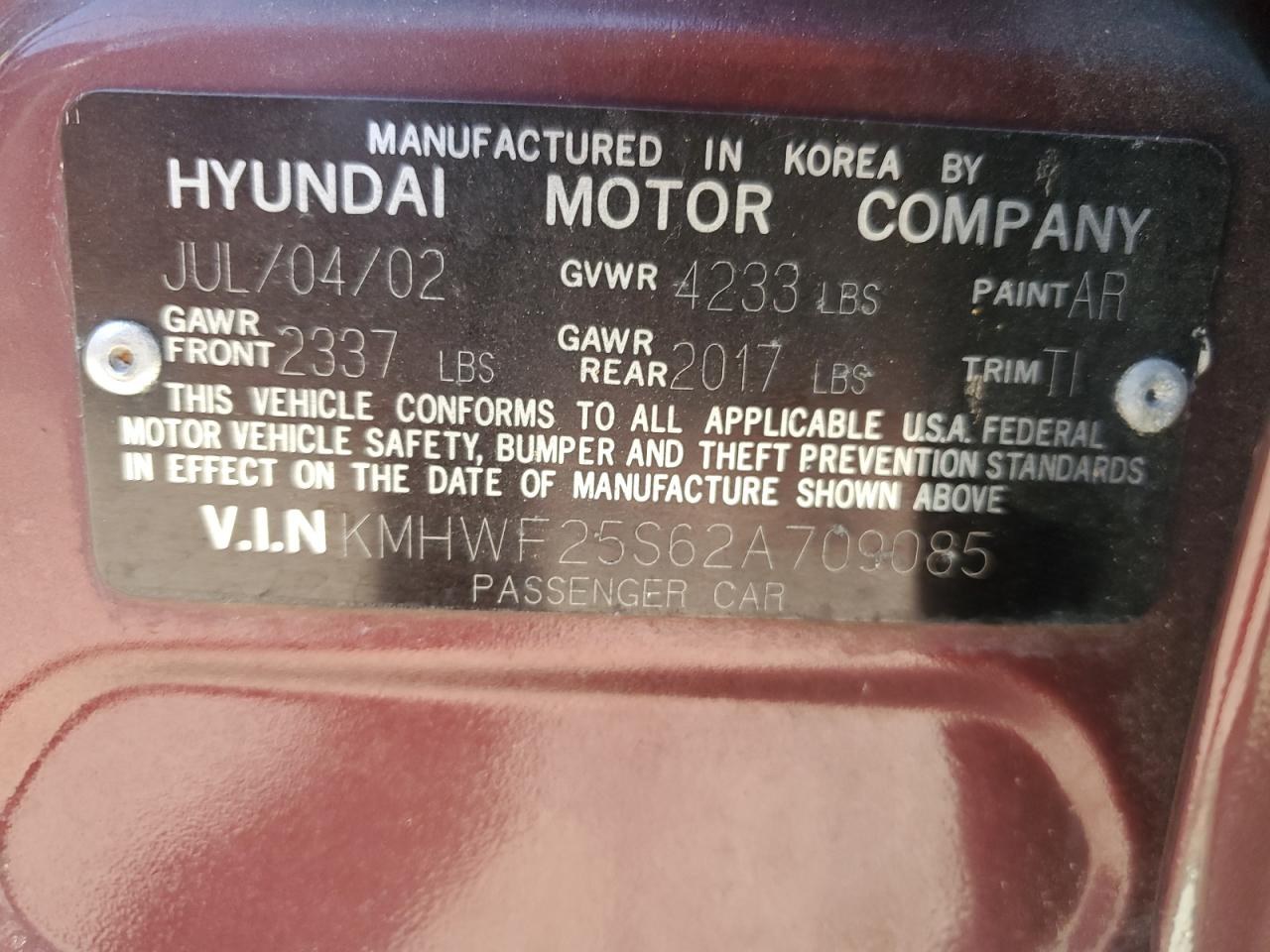 2002 Hyundai Sonata Gl VIN: KMHWF25S62A709085 Lot: 84581325