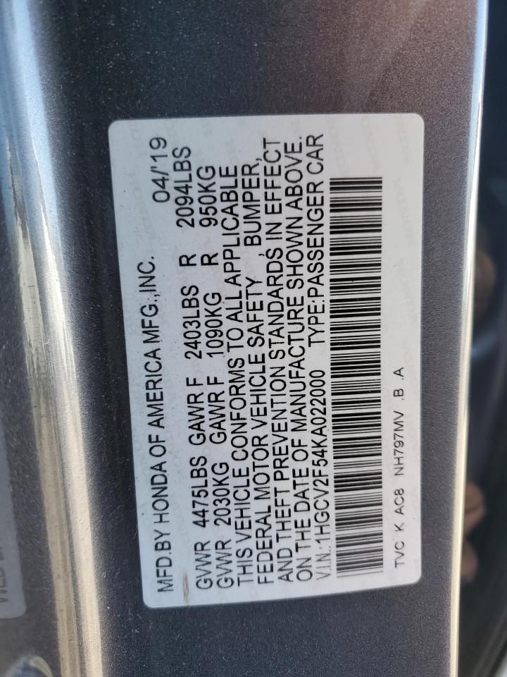2019 Honda Accord Exl VIN: 1HGCV2F54KA022000 Lot: 85154105