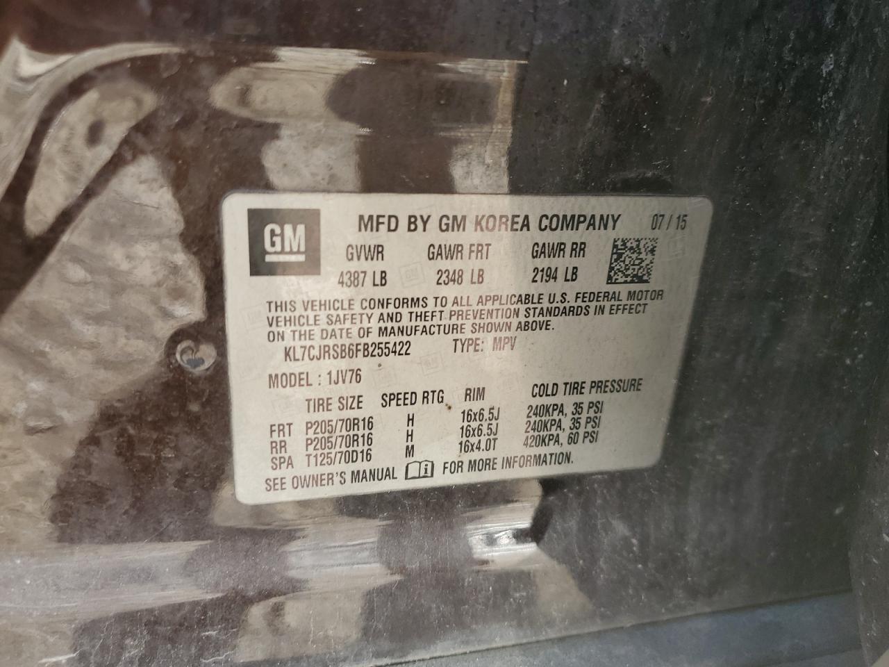 2015 Chevrolet Trax 1Lt VIN: KL7CJRSB6FB255422 Lot: 89451745