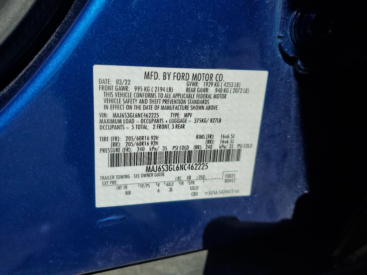 2022 Ford Ecosport Se VIN: MAJ6S3GL6NC462225 Lot: 84372305