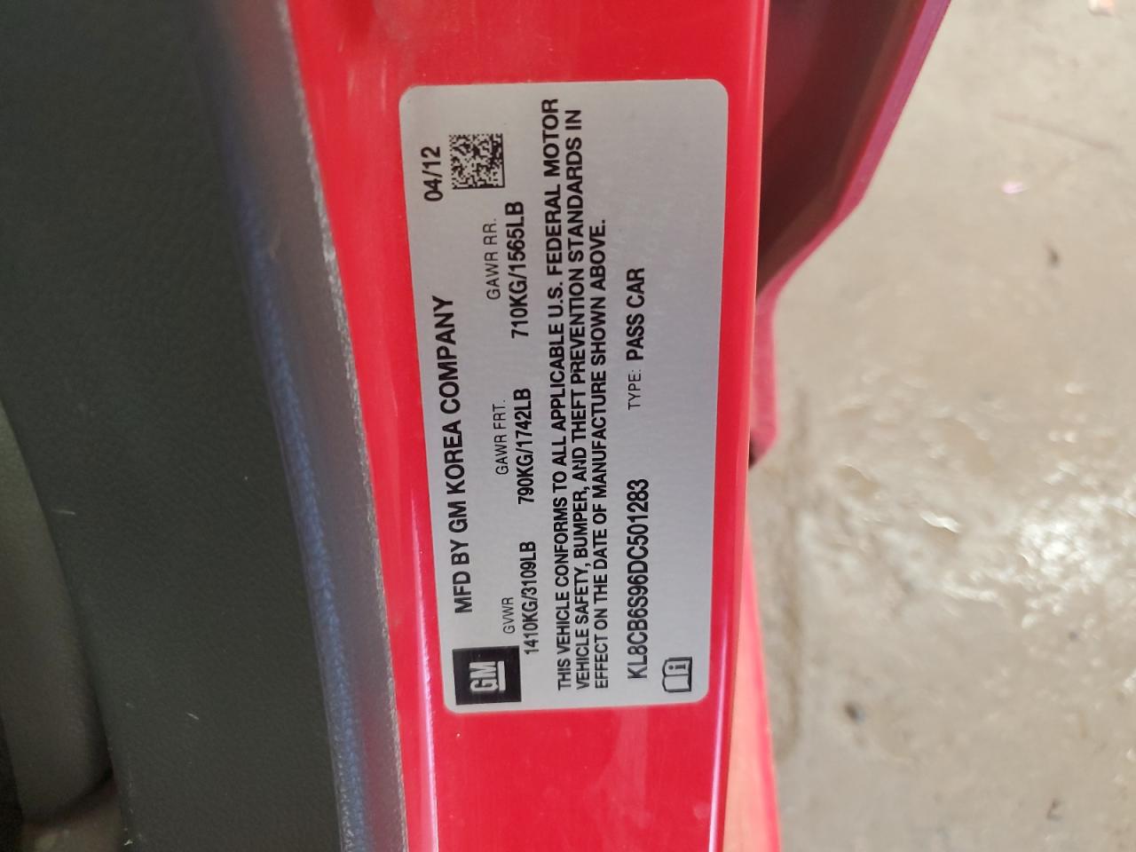 2013 Chevrolet Spark Ls VIN: KL8CB6S96DC501283 Lot: 84465075