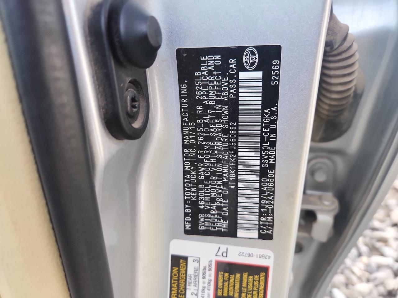 2015 Toyota Camry Xse VIN: 4T1BK1FK2FU560892 Lot: 85878995