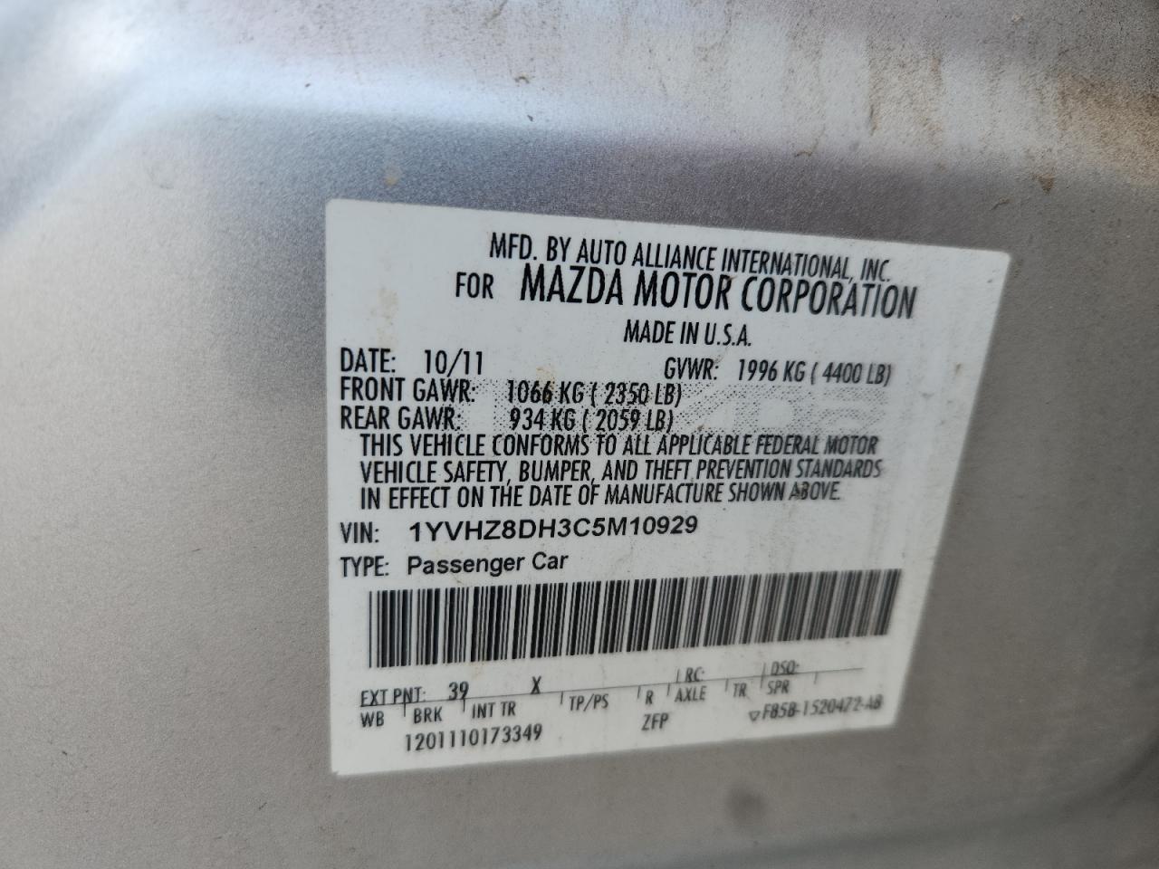 2012 Mazda 6 I VIN: 1YVHZ8DH3C5M10929 Lot: 85511595