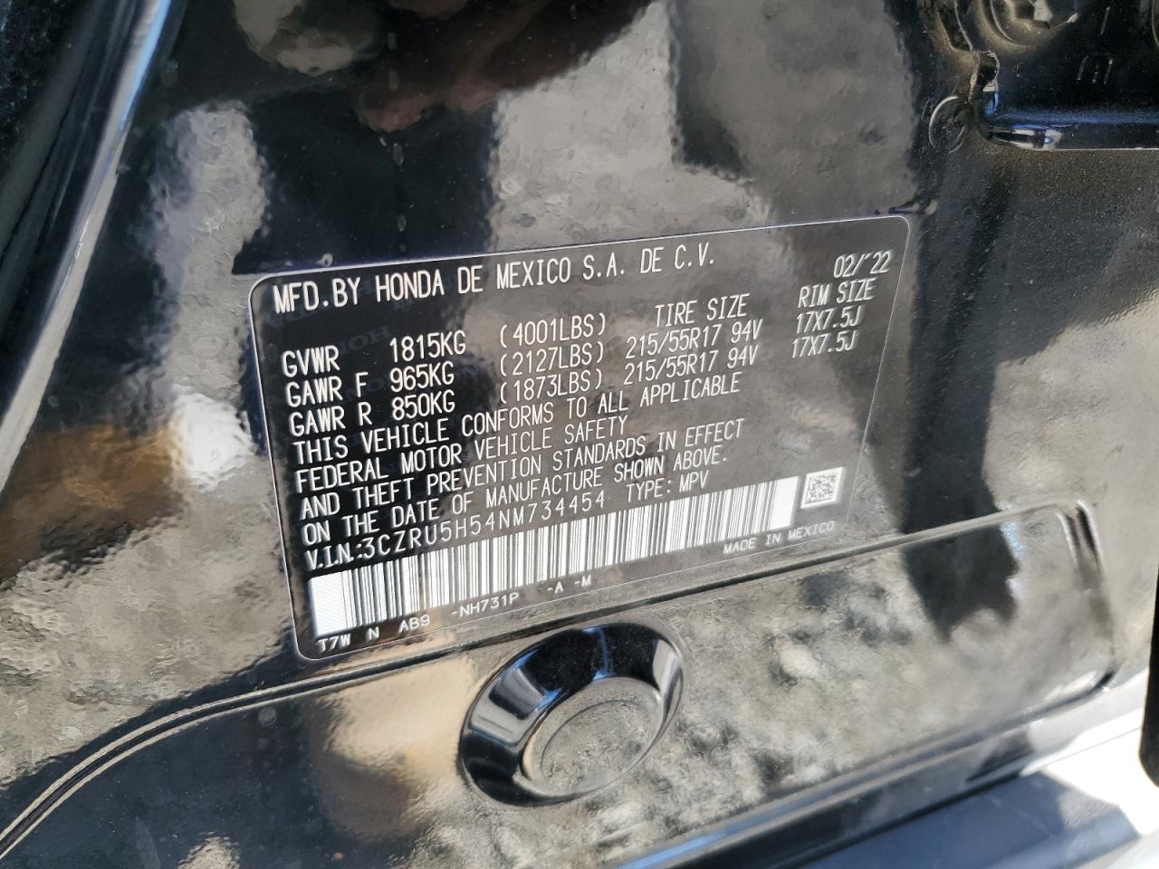 2022 Honda Hr-V Ex VIN: 3CZRU5H54NM734454 Lot: 83959955