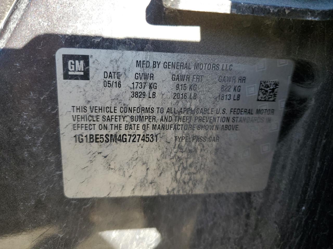 2016 Chevrolet Cruze Lt VIN: 1G1BE5SM4G7274531 Lot: 82622025