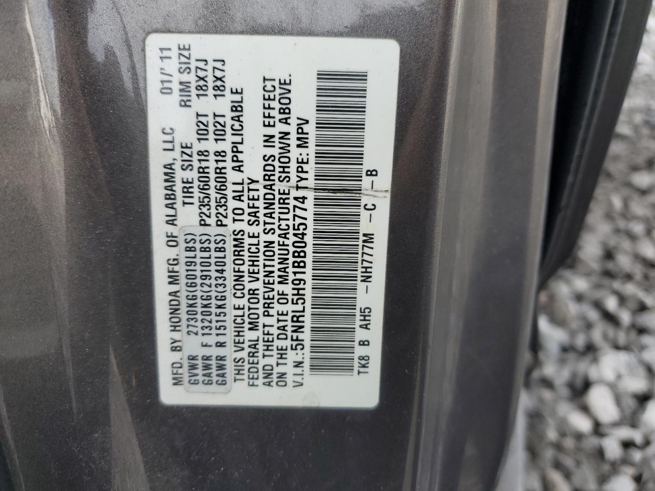 2011 Honda Odyssey Touring VIN: 5FNRL5H91BB045774 Lot: 85683865
