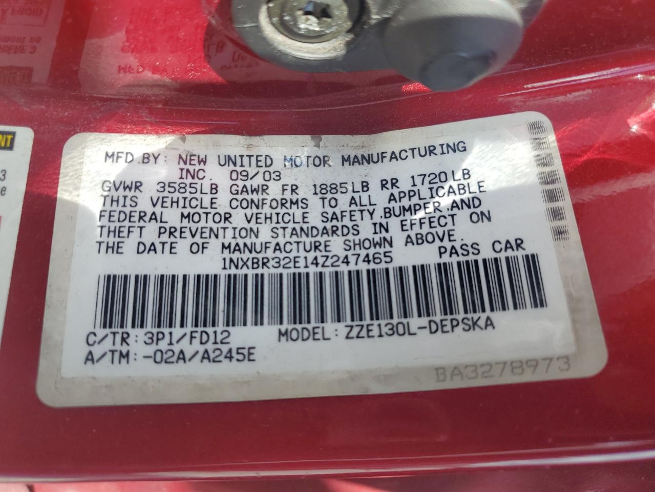 2004 Toyota Corolla Ce VIN: 1NXBR32E14Z247465 Lot: 82254795