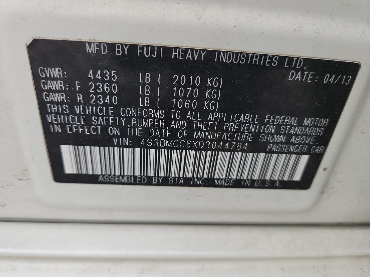 2013 Subaru Legacy 2.5I Premium VIN: 4S3BMCC6XD3044784 Lot: 86859505