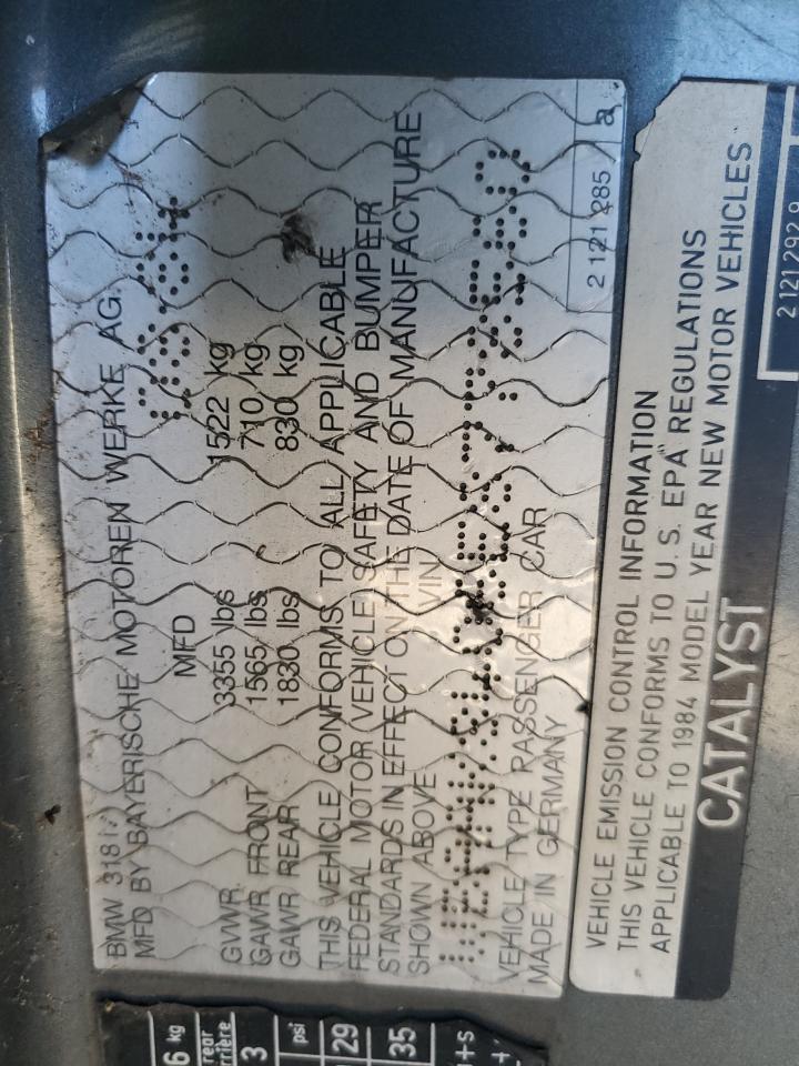 1984 BMW 318 I Automatic VIN: WBAAK8406E8778560 Lot: 86297815