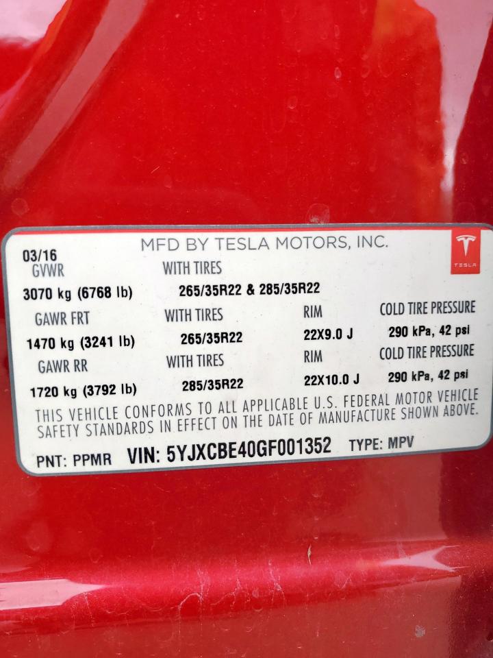 2016 Tesla Model X VIN: 5YJXCBE40GF001352 Lot: 90318885