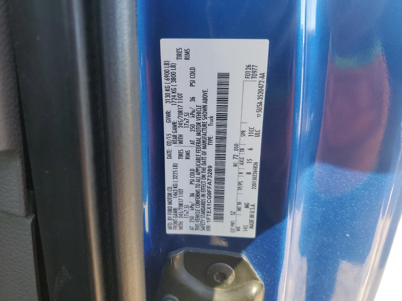 2015 Ford F150 Super Cab VIN: 1FTEX1CG9FFA73289 Lot: 86695145