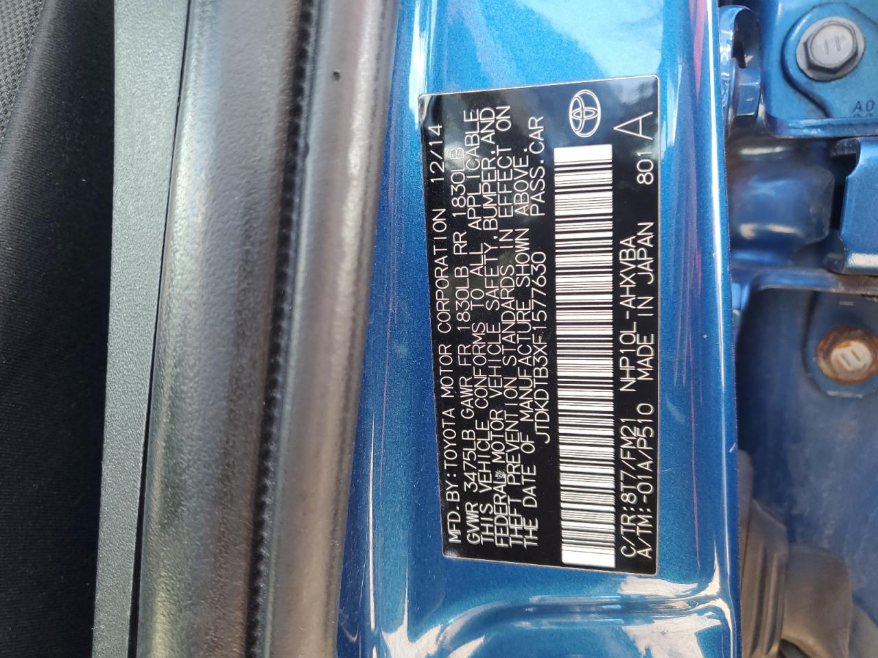 2015 Toyota Prius C VIN: JTDKDTB3XF1577630 Lot: 89702925