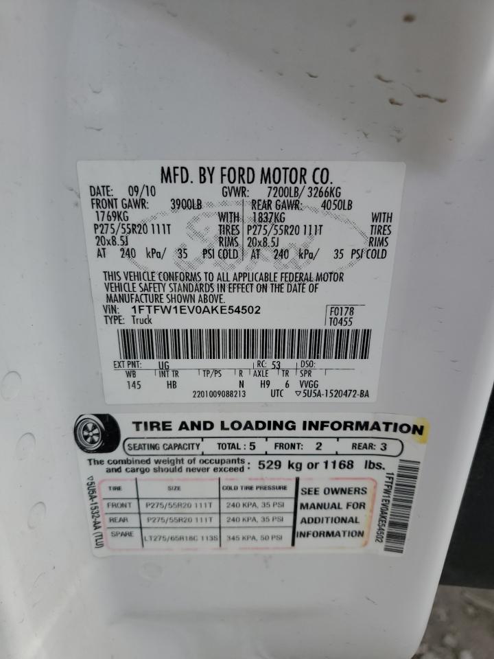 2010 Ford F150 Supercrew VIN: 1FTFW1EV0AKE54502 Lot: 85908425