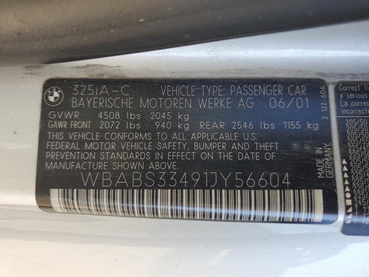 2001 BMW 325 Ci VIN: WBABS33491JY56604 Lot: 87205095