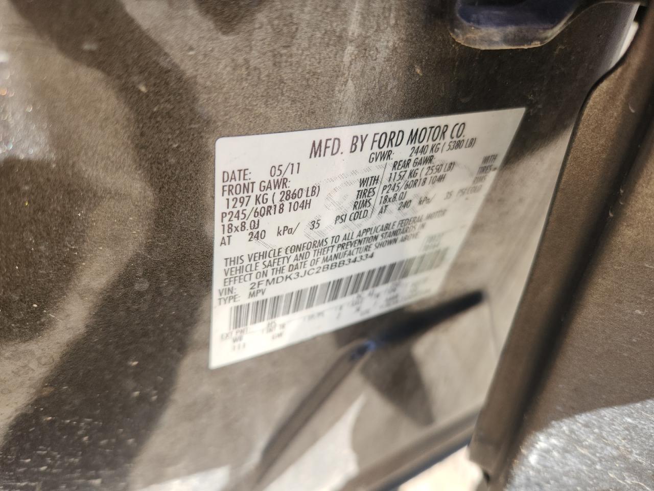 2011 Ford Edge Sel VIN: 2FMDK3JC2BBB34334 Lot: 86495125