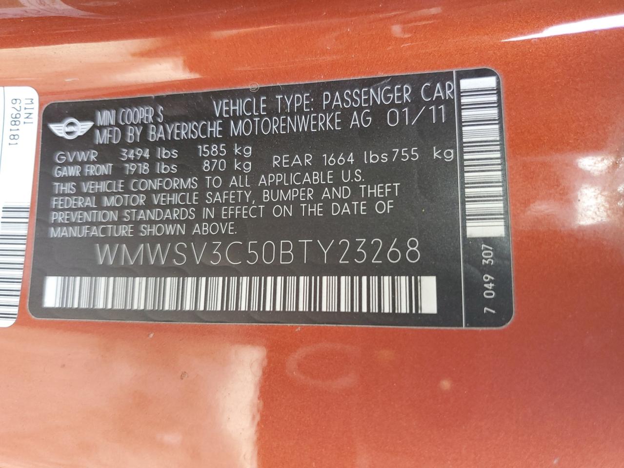 2011 Mini Cooper S VIN: WMWSV3C50BTY23268 Lot: 90950795