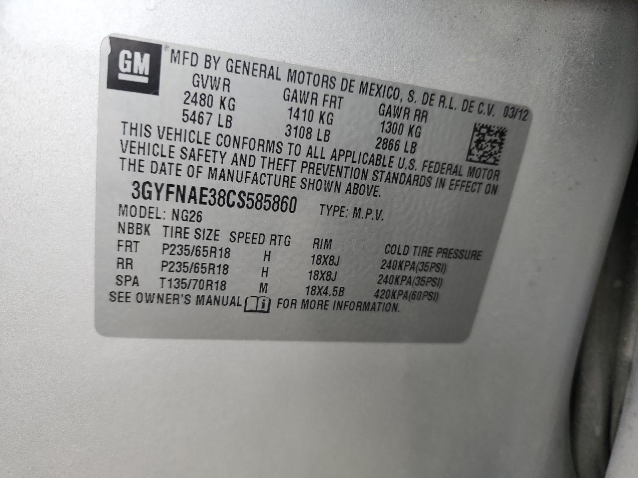 2012 Cadillac Srx Luxury Collection VIN: 3GYFNAE38CS585860 Lot: 90032745