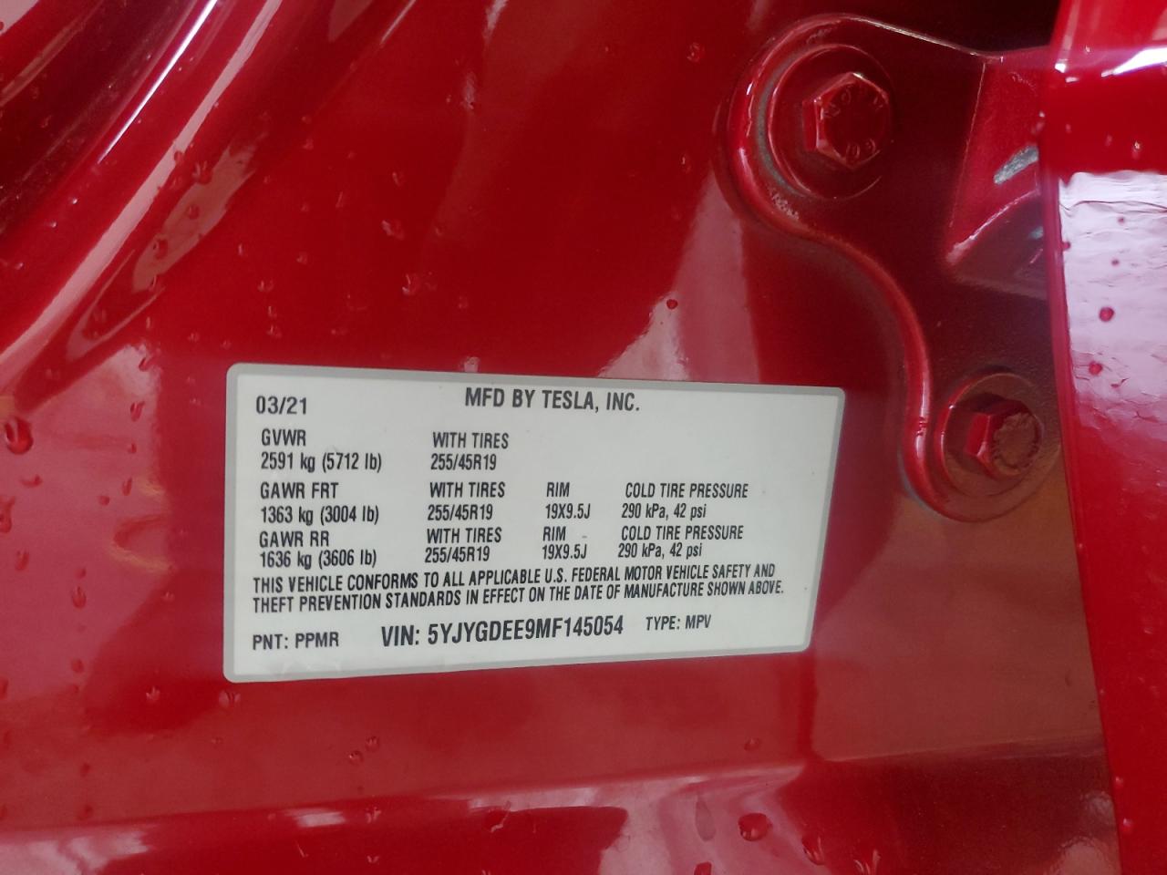 2021 Tesla Model Y VIN: 5YJYGDEE9MF145054 Lot: 87418575