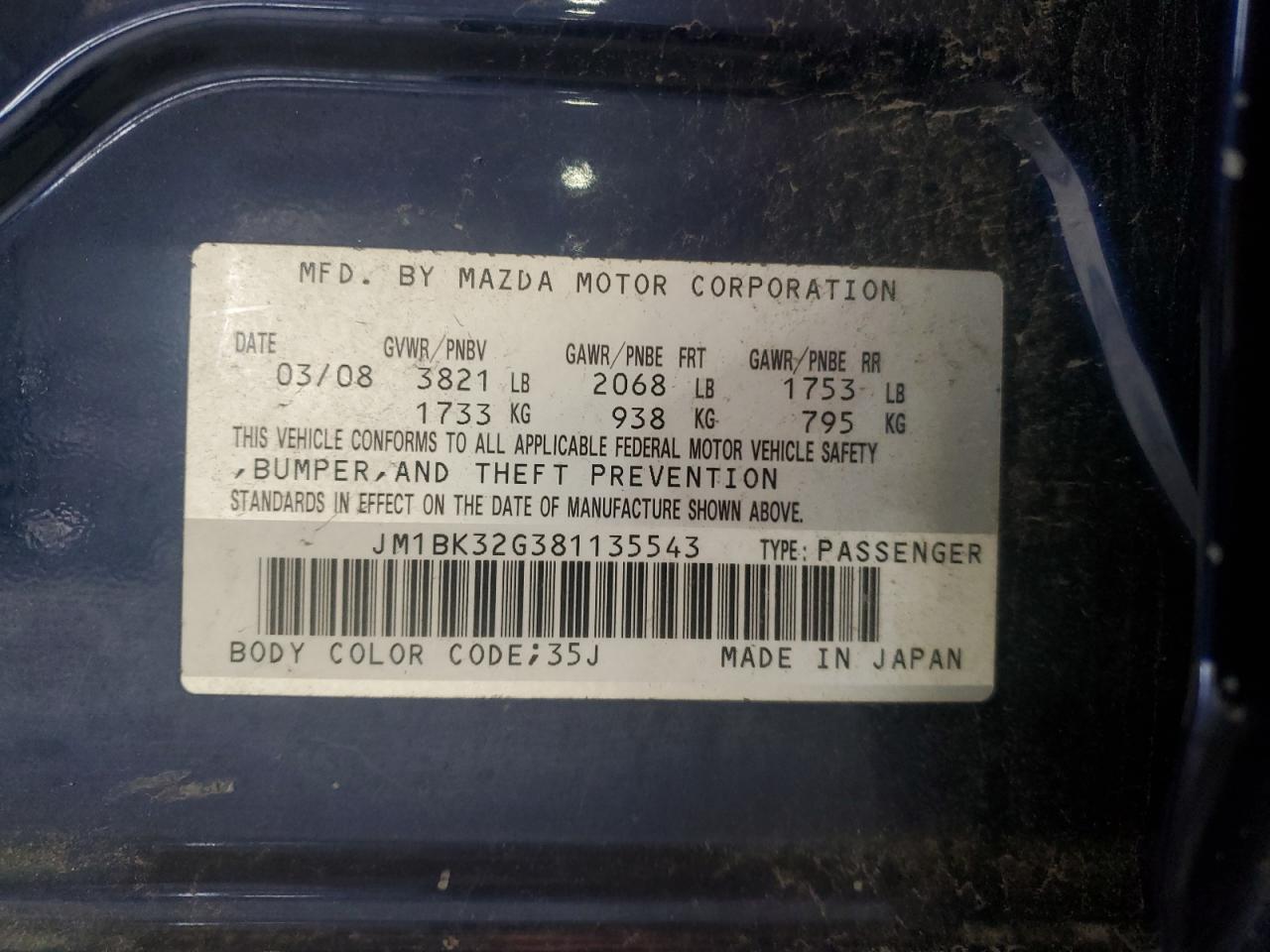 2008 Mazda 3 I VIN: JM1BK32G381135543 Lot: 86156745