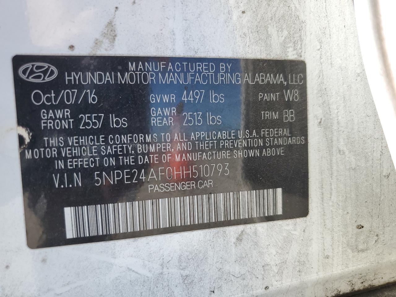 2017 Hyundai Sonata Se VIN: 5NPE24AF0HH510793 Lot: 85164525