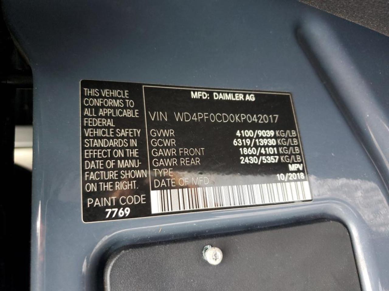 2019 Mercedes Benz Sprinter Delivery Van VIN: WD4PF0CD0KP042017 Lot: 90321425