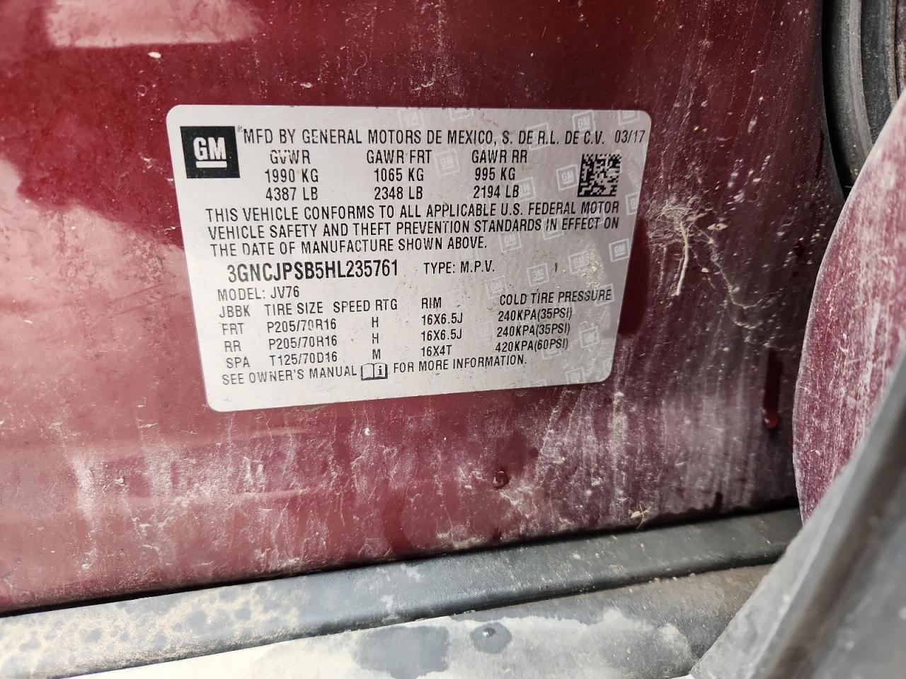 2017 Chevrolet Trax 1Lt VIN: 3GNCJPSB5HL235761 Lot: 89624445