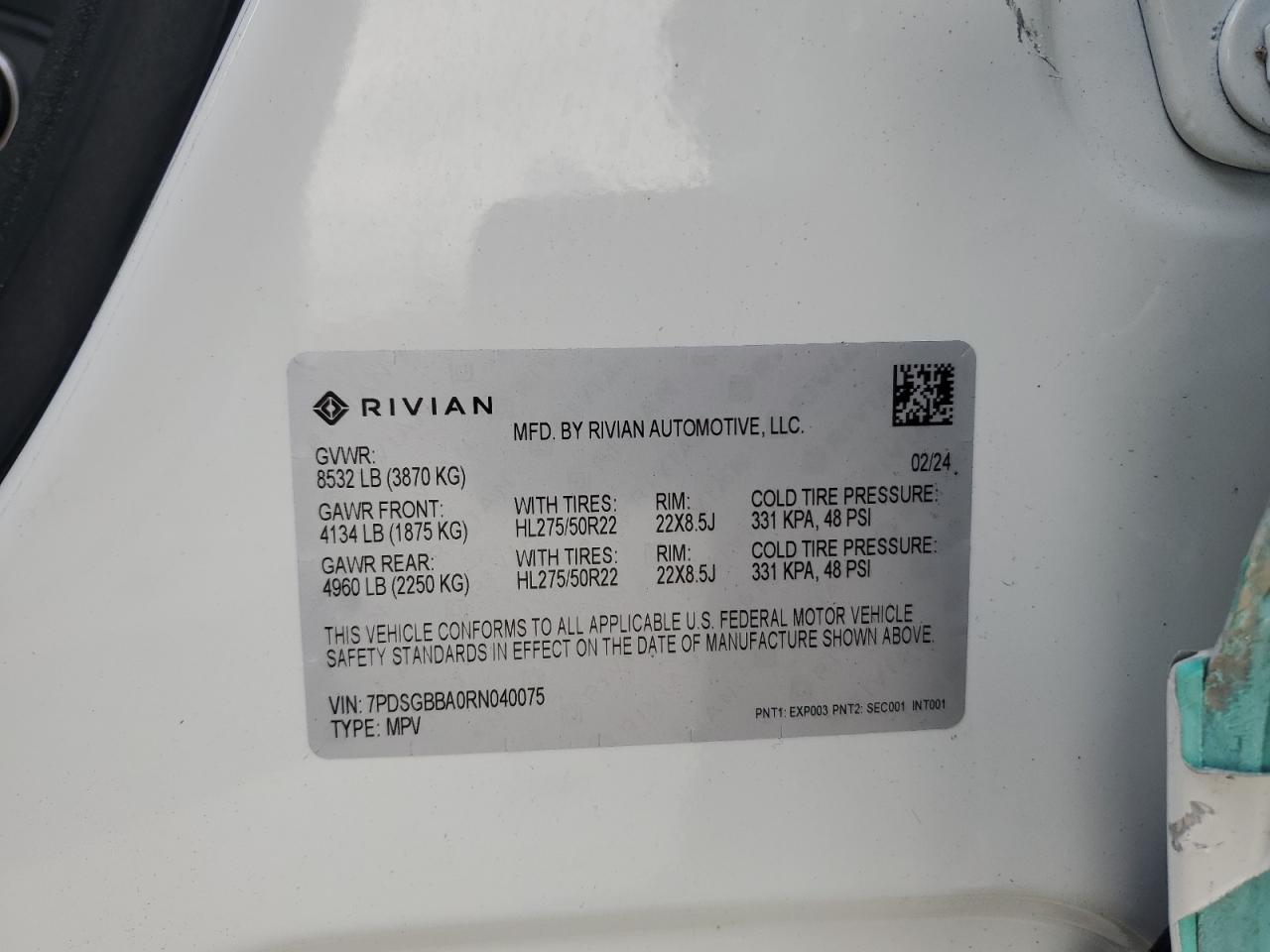 2024 Rivian R1S Adventure VIN: 7PDSGBBA0RN040075 Lot: 89470055