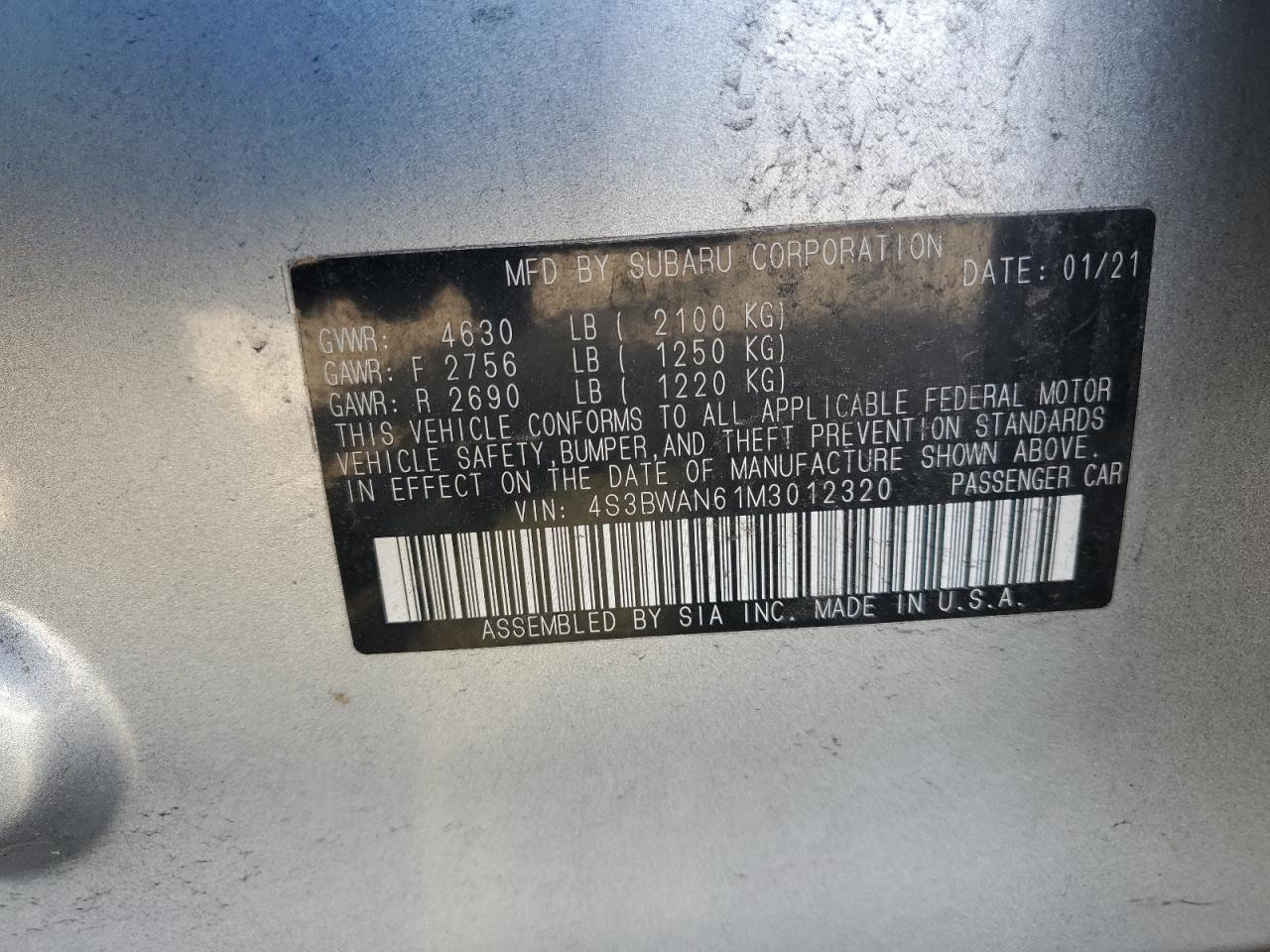 2021 Subaru Legacy Limited VIN: 4S3BWAN61M3012320 Lot: 84270535