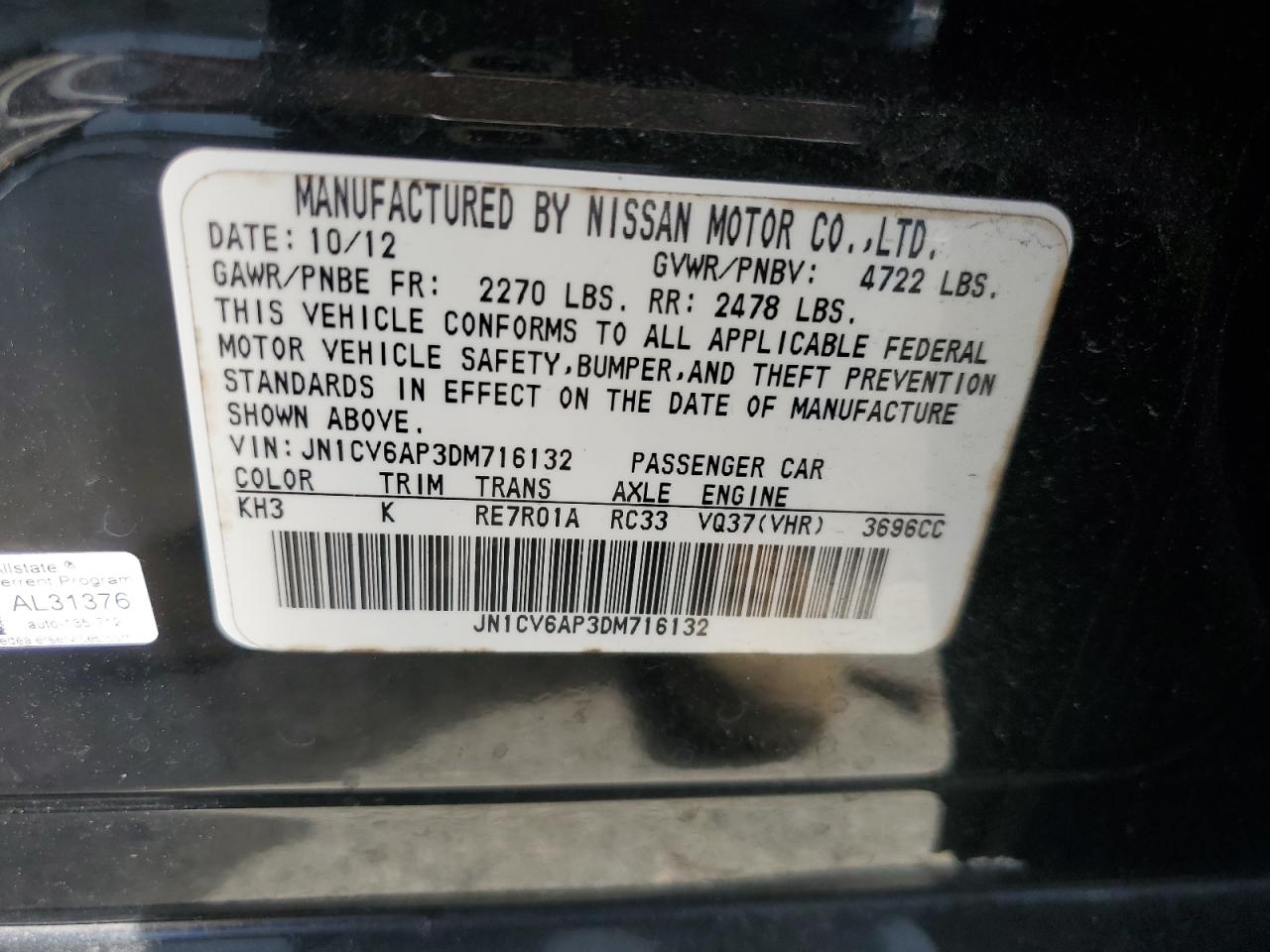 2013 Infiniti G37 Base VIN: JN1CV6AP3DM716132 Lot: 85122435